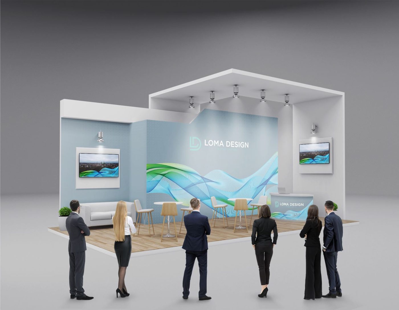 Messestand von LOMADESIGN mit Bildschirmen und Besprechungsbereich