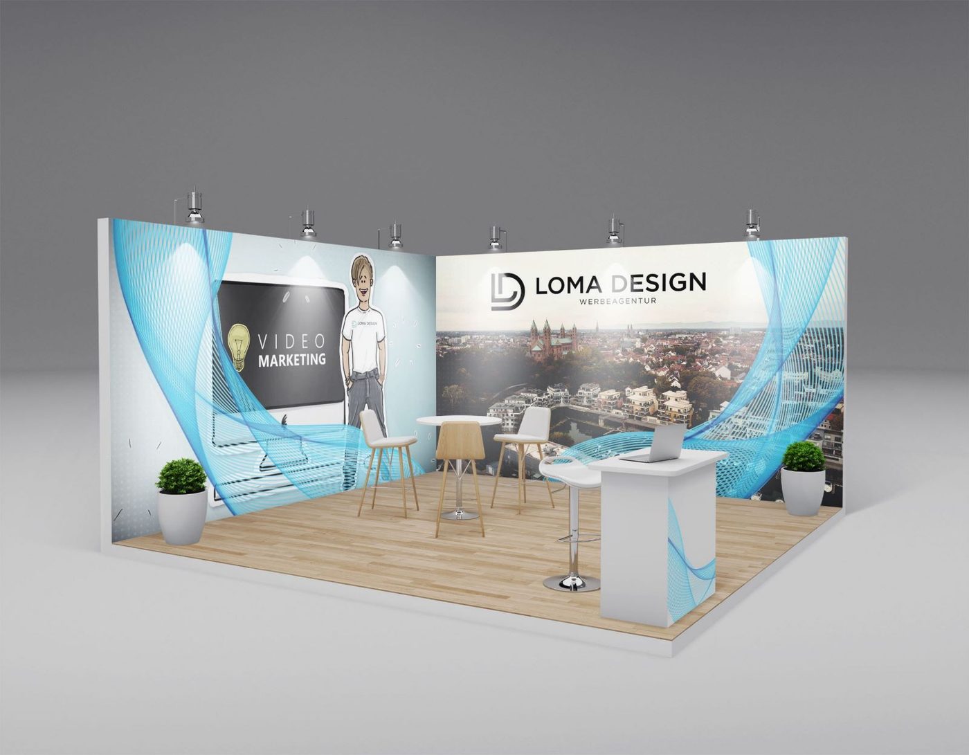 Messestand mit Video-Marketing-Wand